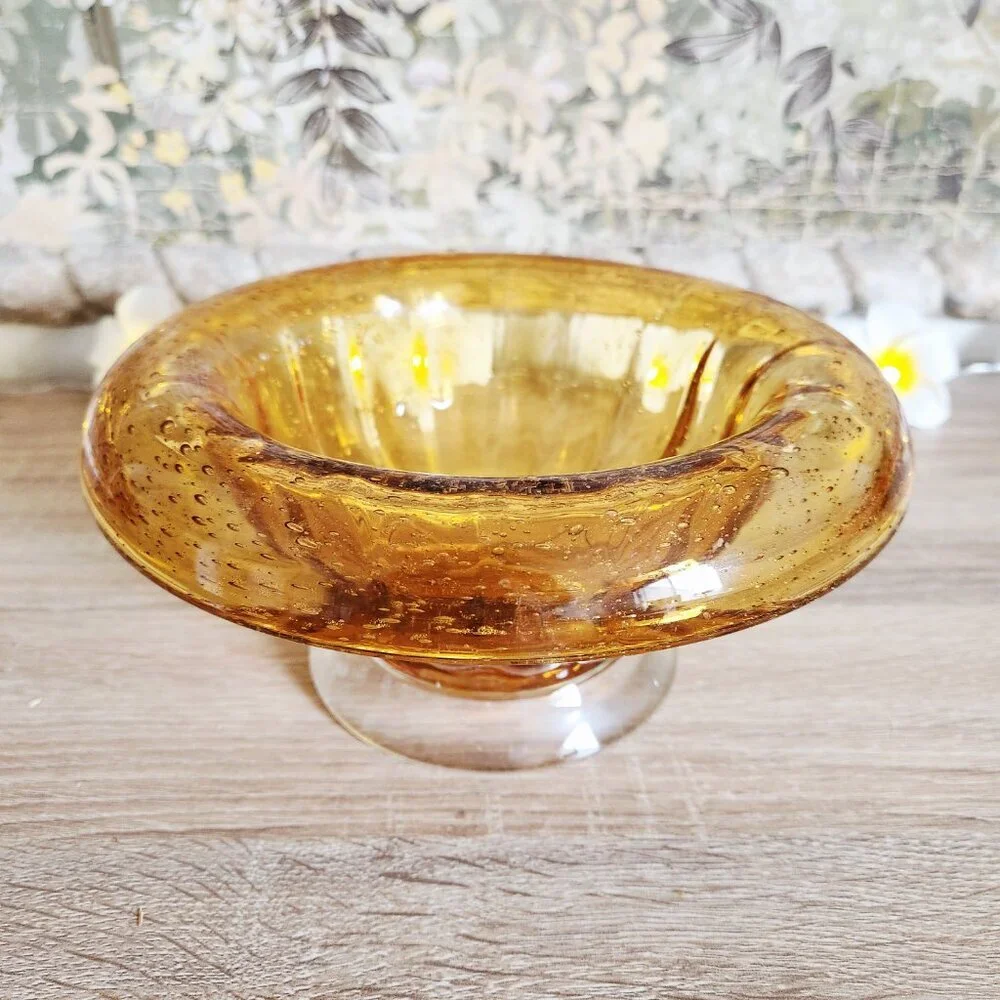 Vintage Hand Blown Art Rolled Edge Amber & Clear Bubble Glass Bowl Mid Century